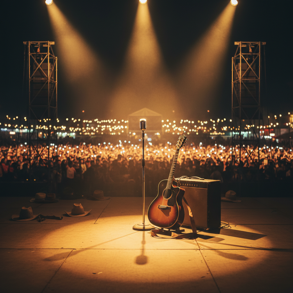 Palco de show sertanejo iluminado simbolizando a carreira da dupla