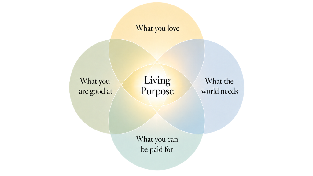 Ikigai diagram: four overlapping circles — What you love, What the world needs, What you can be paid for, What you are good at — with Living Purpose at the centre.