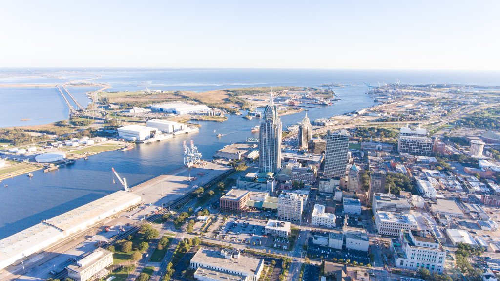 Downtown Mobile Alabama aerial waterfront view - McCoy Visuals headquarters