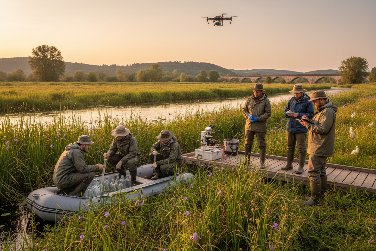 Researchers conducting field research in nature