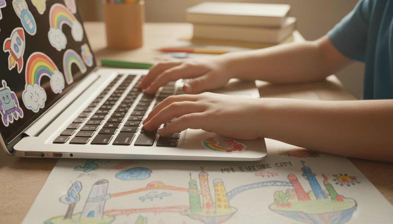 Children's hands on a laptop keyboard
