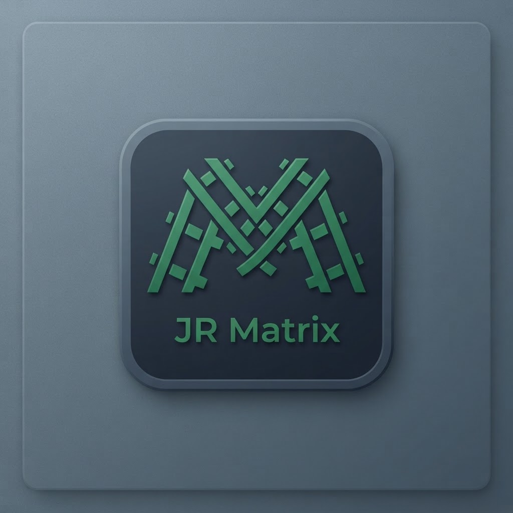 JR Matrix Logo 119 — Interlocking M Lattice — Tile Caption Lockup