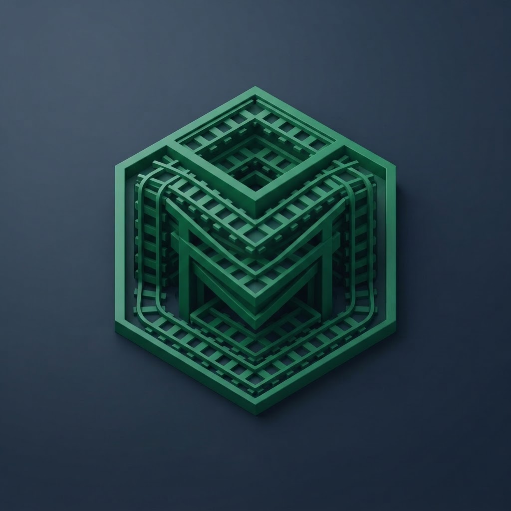 JR Matrix Logo 115 — Interlocking M Lattice — Isometric 3D