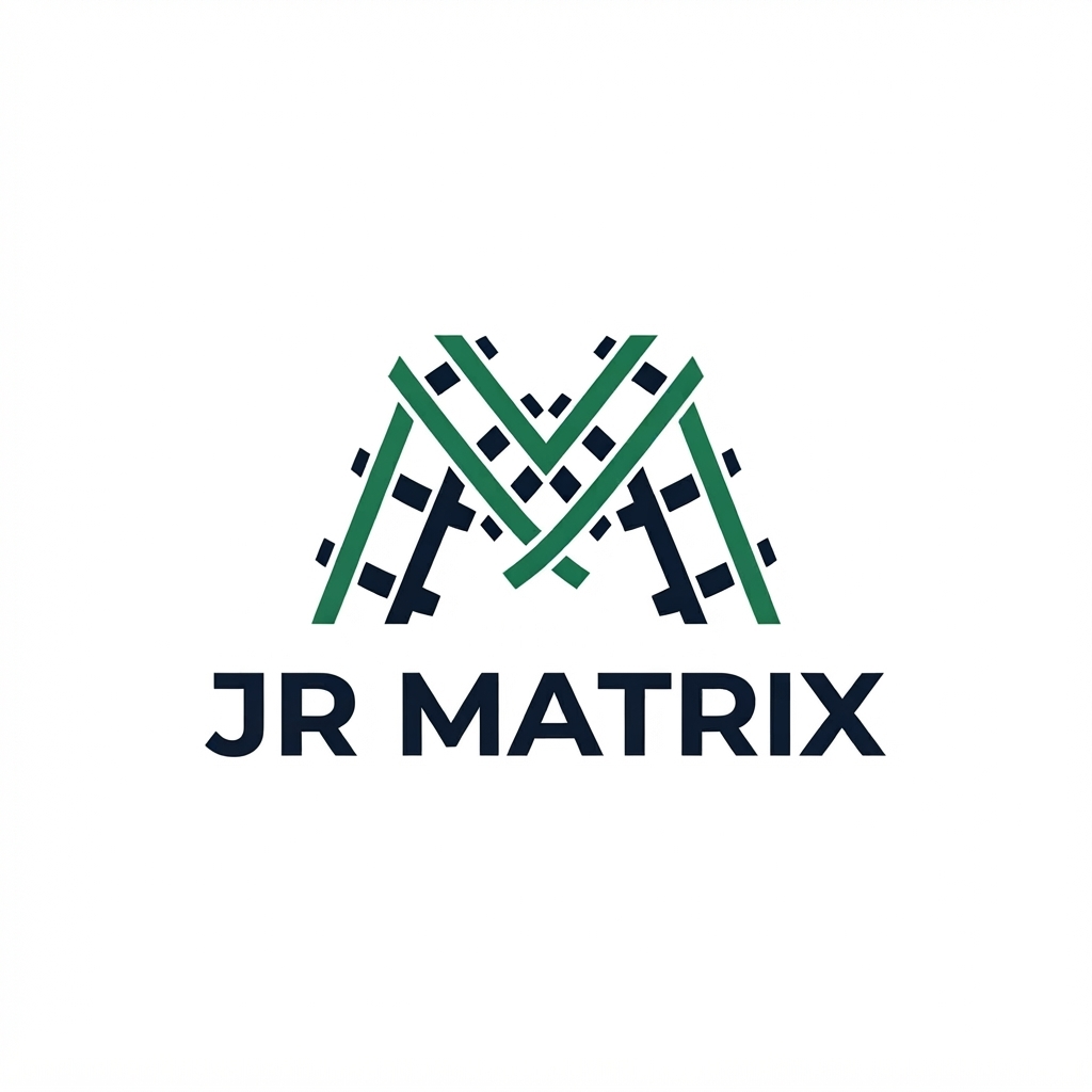 JR Matrix Logo 140 — M Lattice — Stacked Green/Black Wordmark