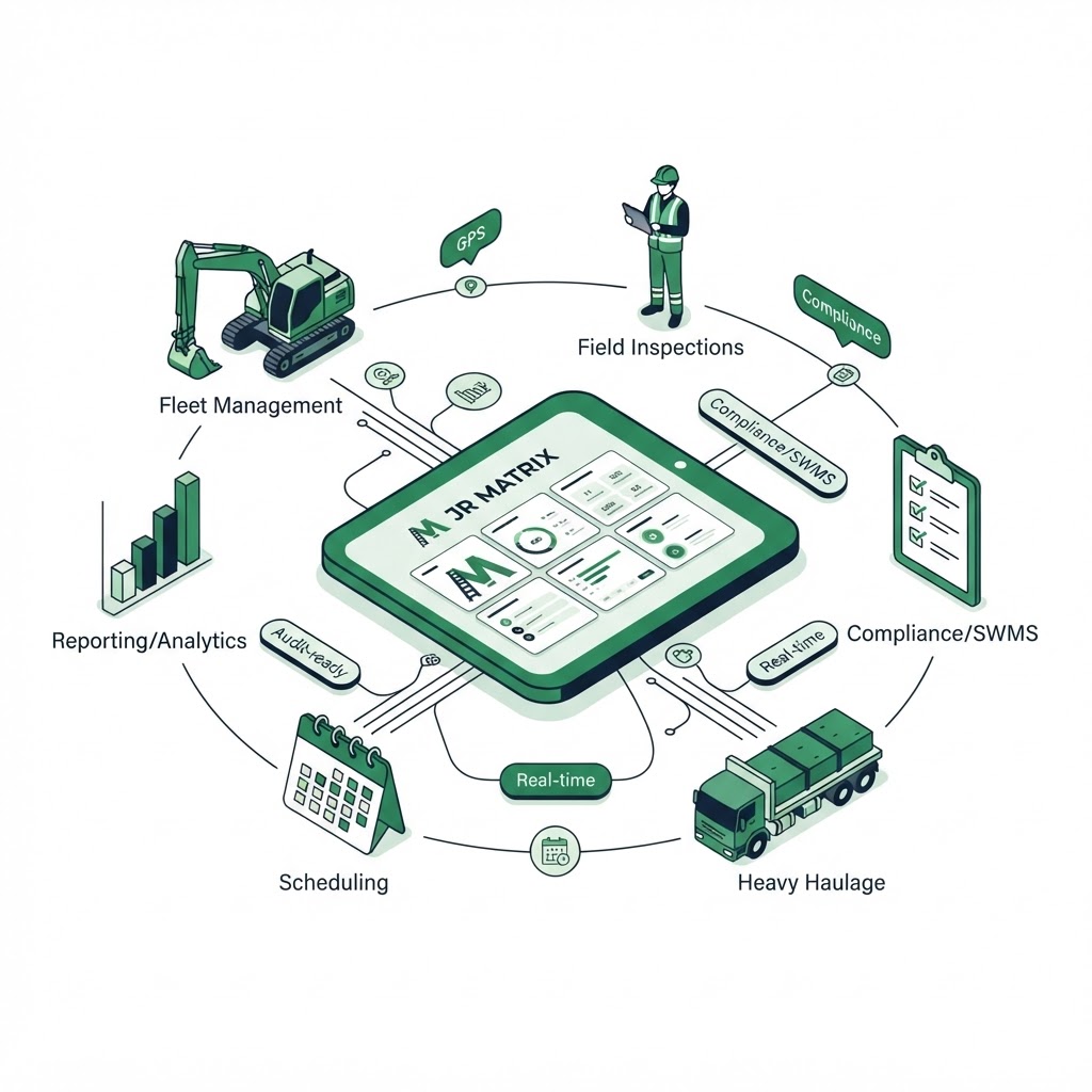 Illustration of how JR Matrix connects fleet, field crews, compliance, heavy haulage, scheduling and reporting into one operating system