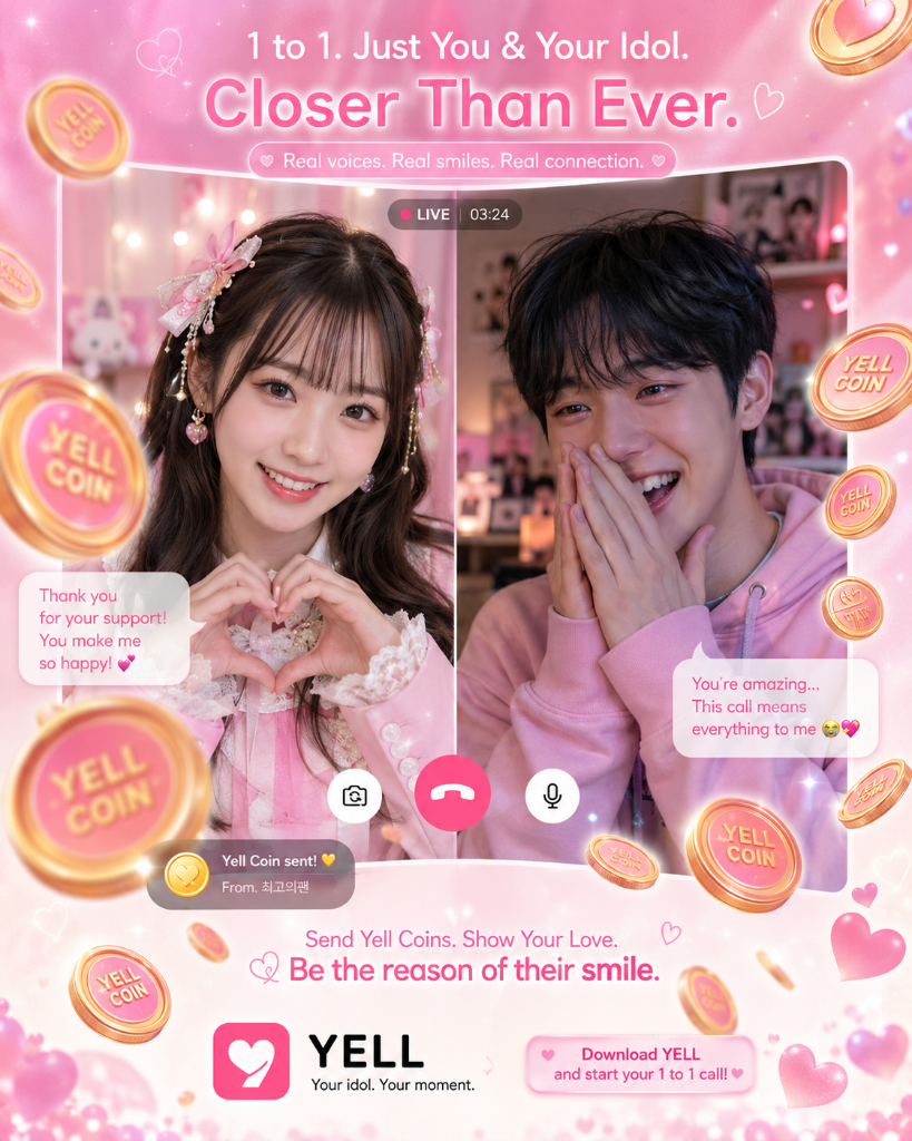 An idol and fan sharing Yell Coins during a one-on-one video call