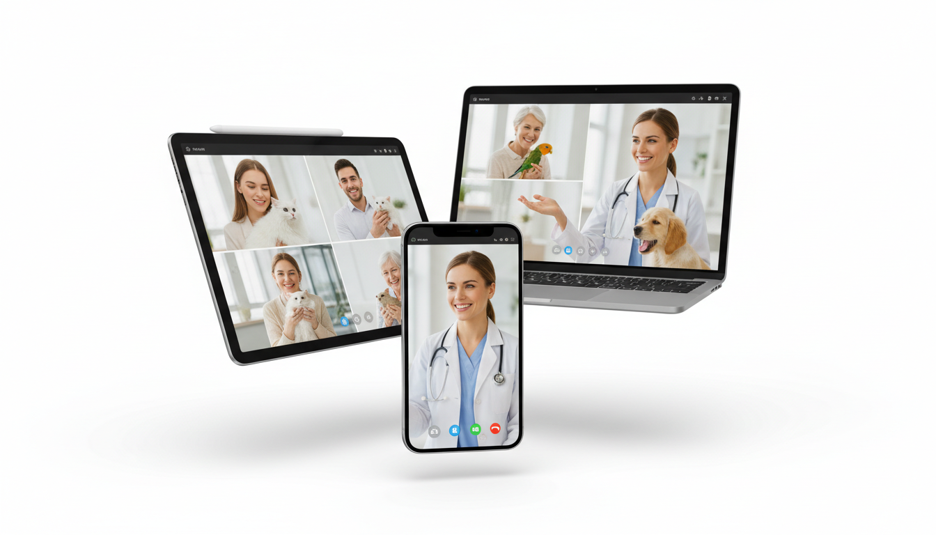 Múltiples dispositivos mostrando videollamada veterinaria