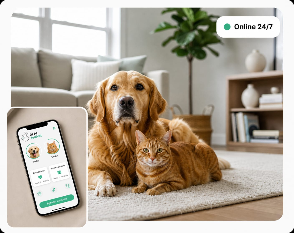 Mascota feliz con veterinario online