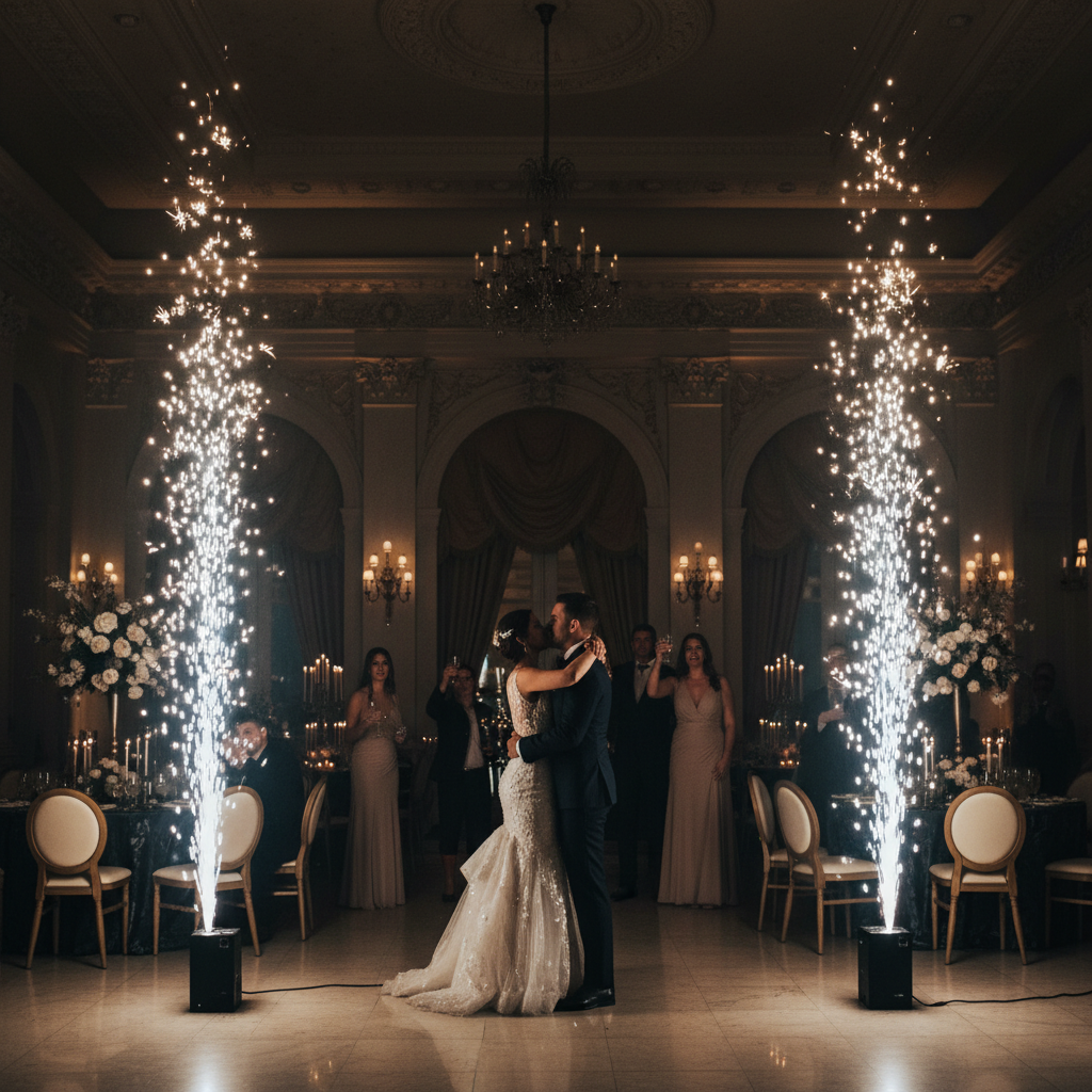 Cold spark fountains at an elegant event reception
