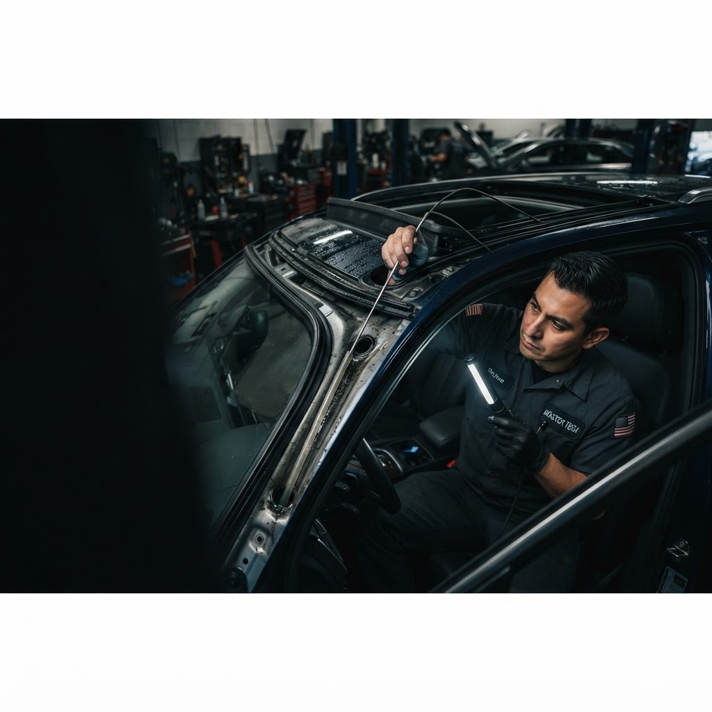 Sunroof drain tube inspection and leak repair in Kemah TX — HTX Sunroof Repair technician clearing drain channels