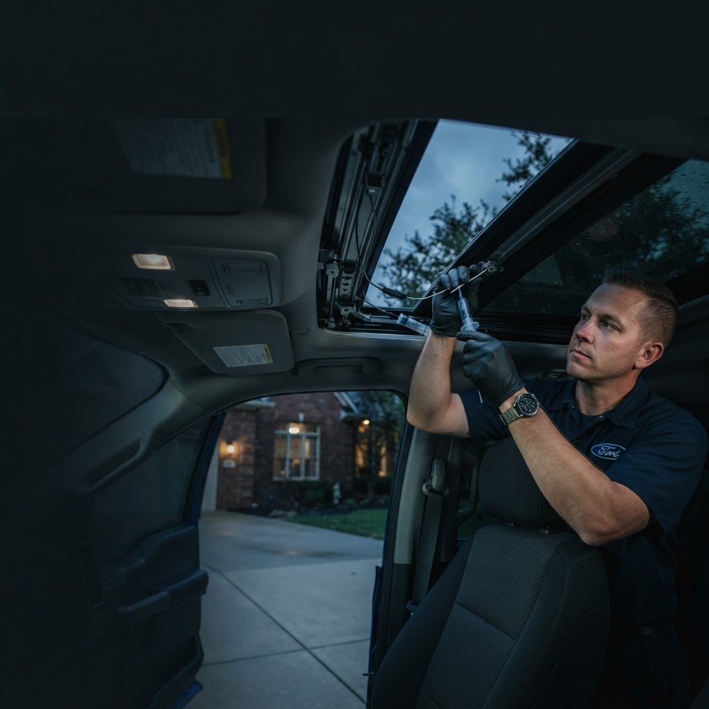 HTX Sunroof Repair technician repairing a panoramic sunroof on a Ford F-150 in League City TX