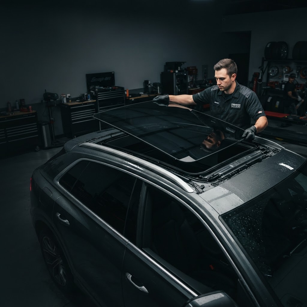 Panoramic sunroof glass replacement in Friendswood TX — HTX Sunroof Repair technician installing tempered glass