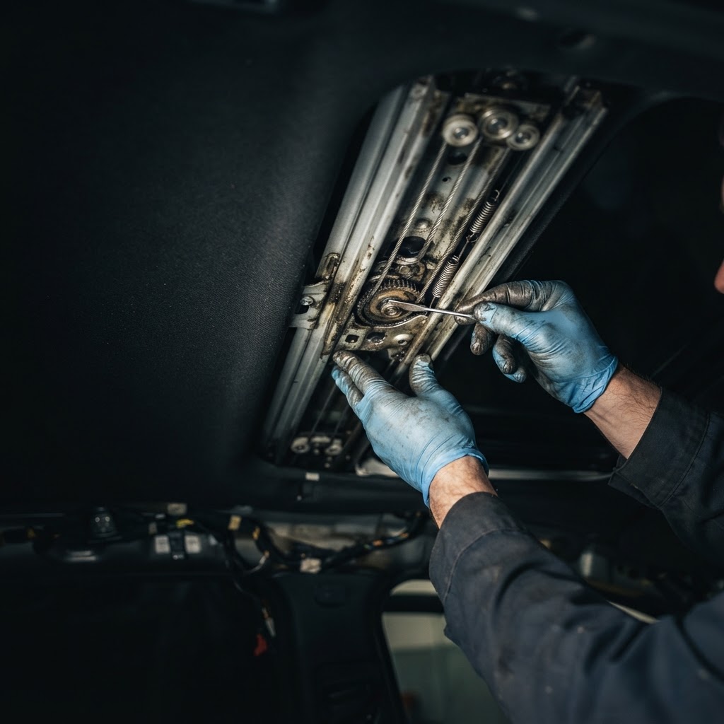 Close-up of sunroof track mechanism repair in Webster TX — HTX Sunroof Repair