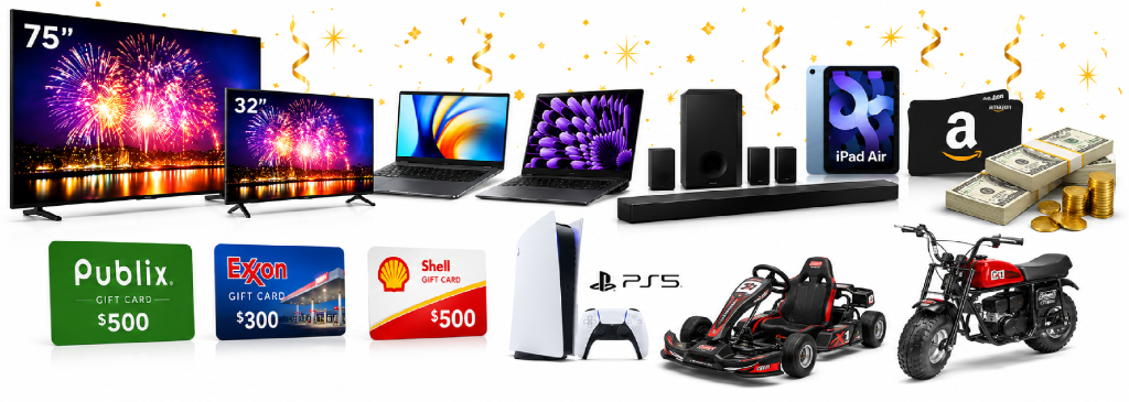Multiple prizes including TVs, laptops, gift cards and cash