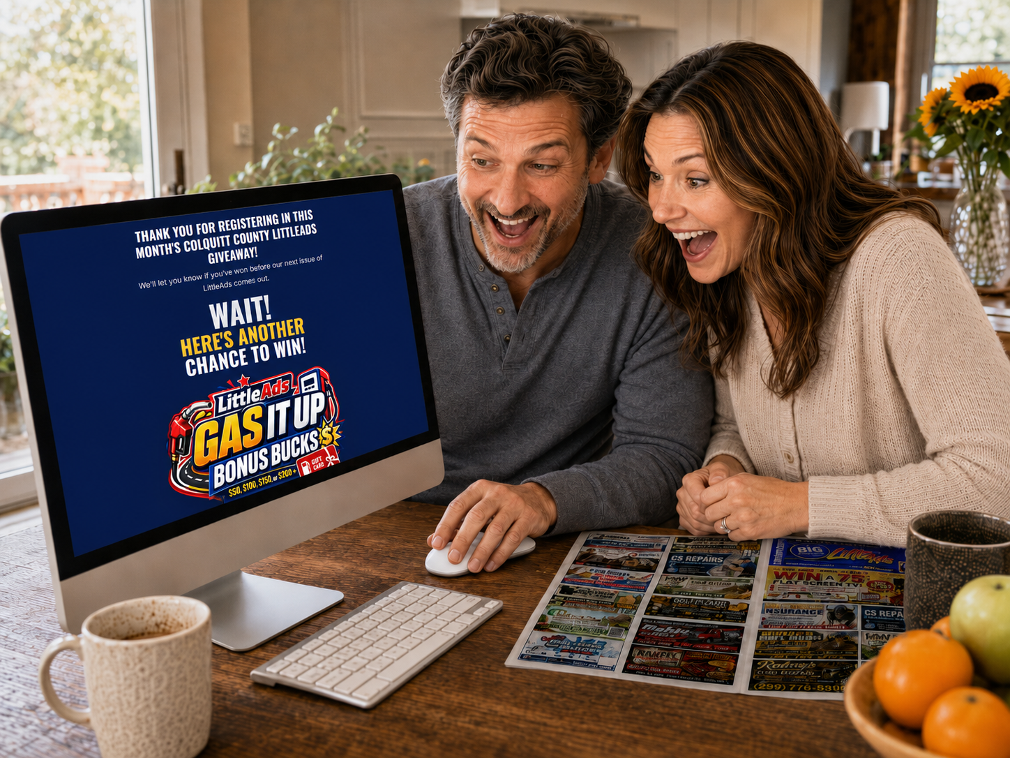 A couple at their home computer excitedly registering for the Colquitt County LittleAds giveaway