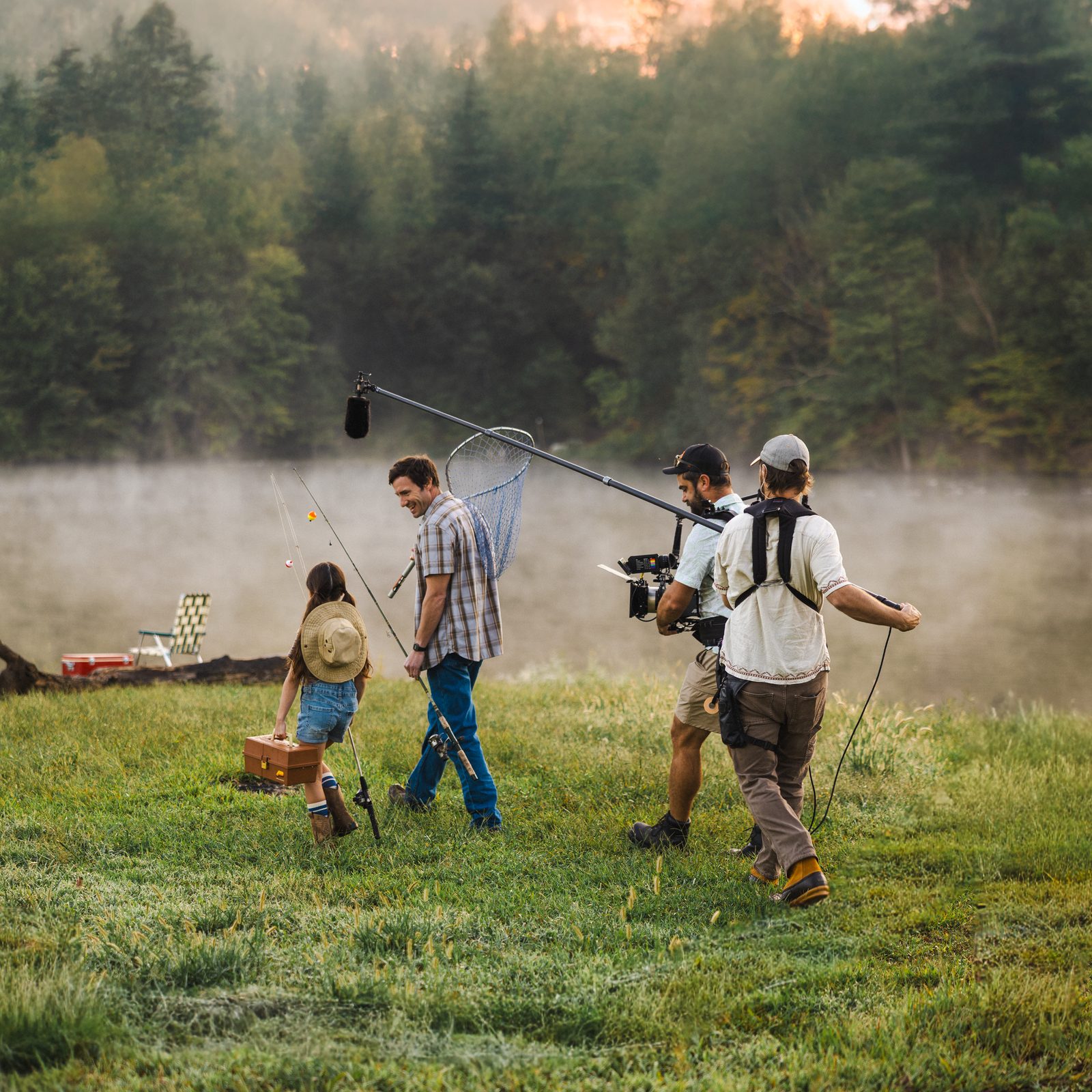 Tanner+West film crew shooting a Glenn Family Services brand film at a misty lake
