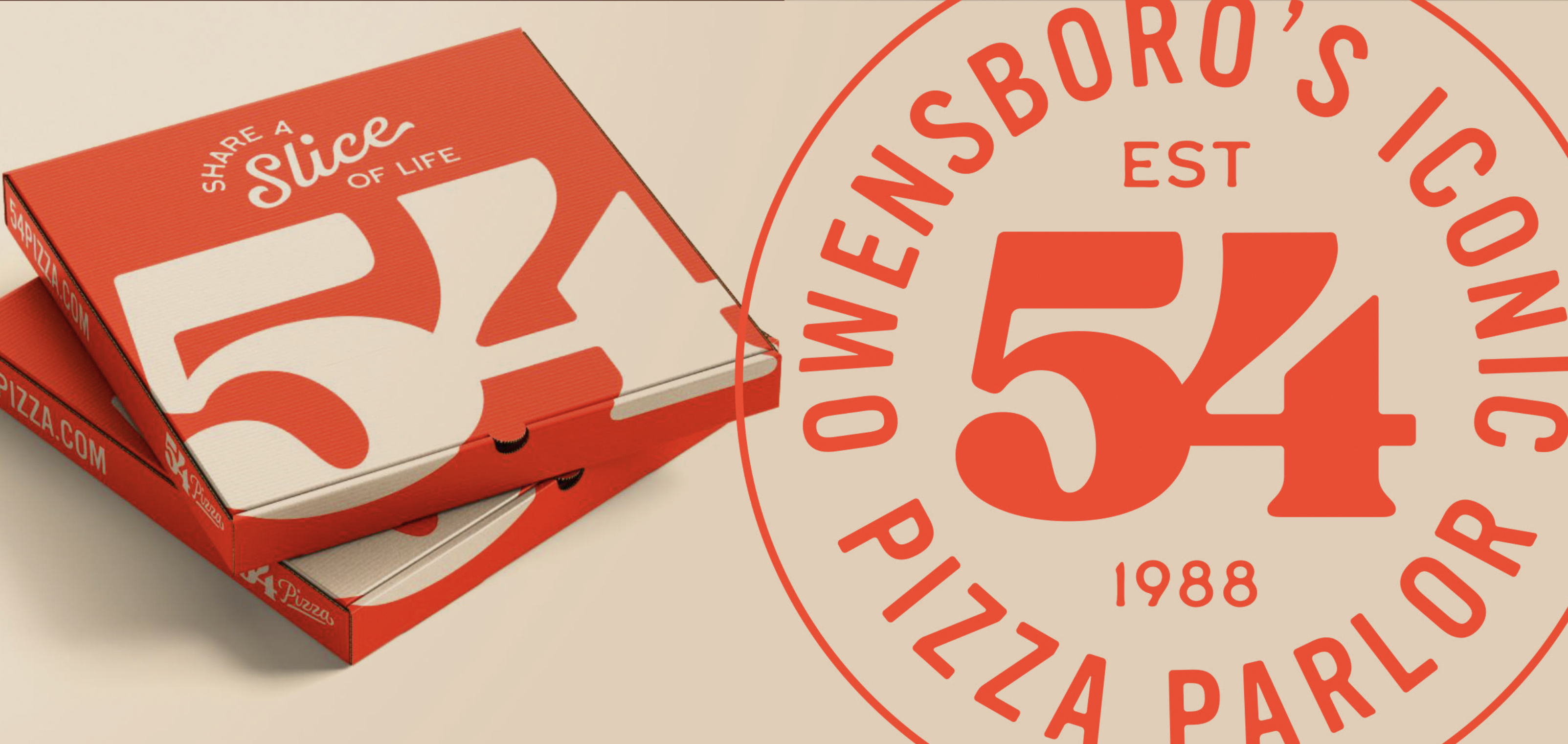 54 Pizza brand identity, packaging, and logo badge by Tanner+West
