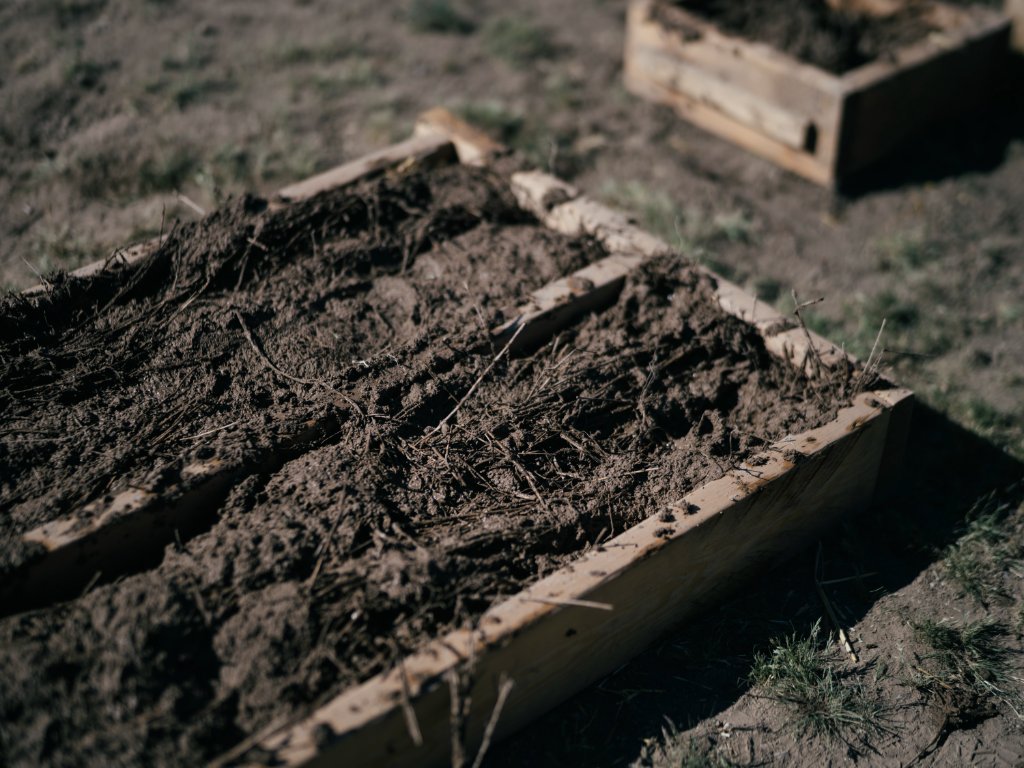 Adobe buffelgrass mixture packed into a large wooden brick form