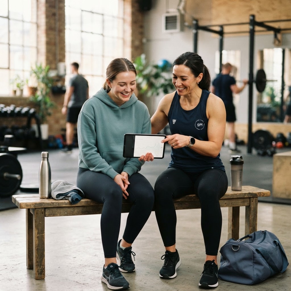 A fitness coach and client reviewing progress together