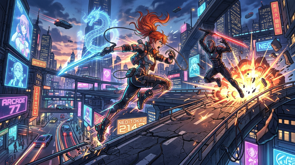 Cyberpunk battle — generated with Nano Banana 2 on DERSTY.ai