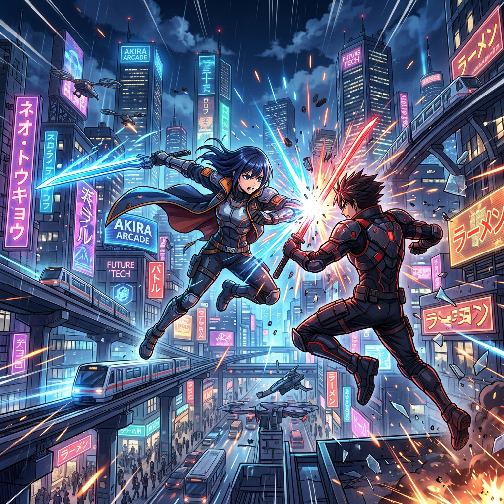 Neo-Tokyo sword fight — generated with DERSTY 1.2 on DERSTY.ai