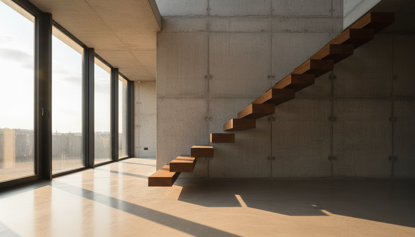 Floating timber staircase in a minimalist concrete home