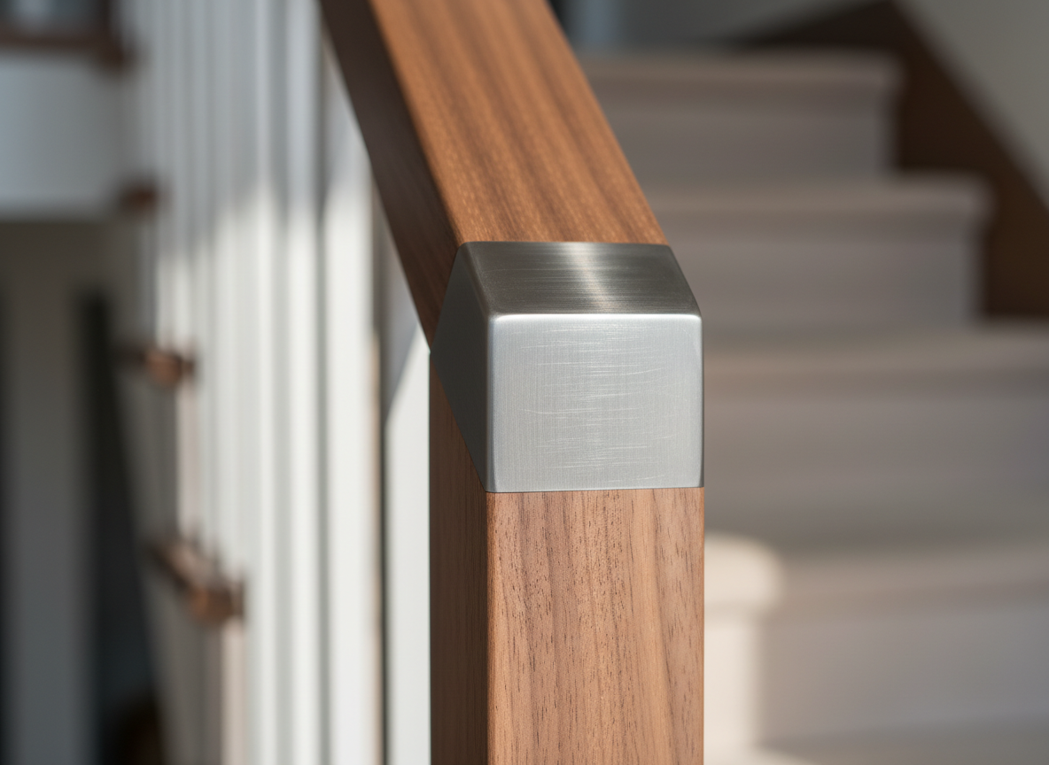 Hand-polished walnut banister meeting a steel fitting