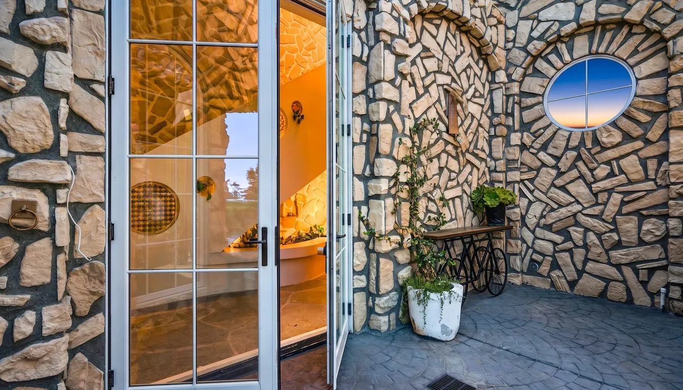 Stone and glass doorway at Mintcello Estate
