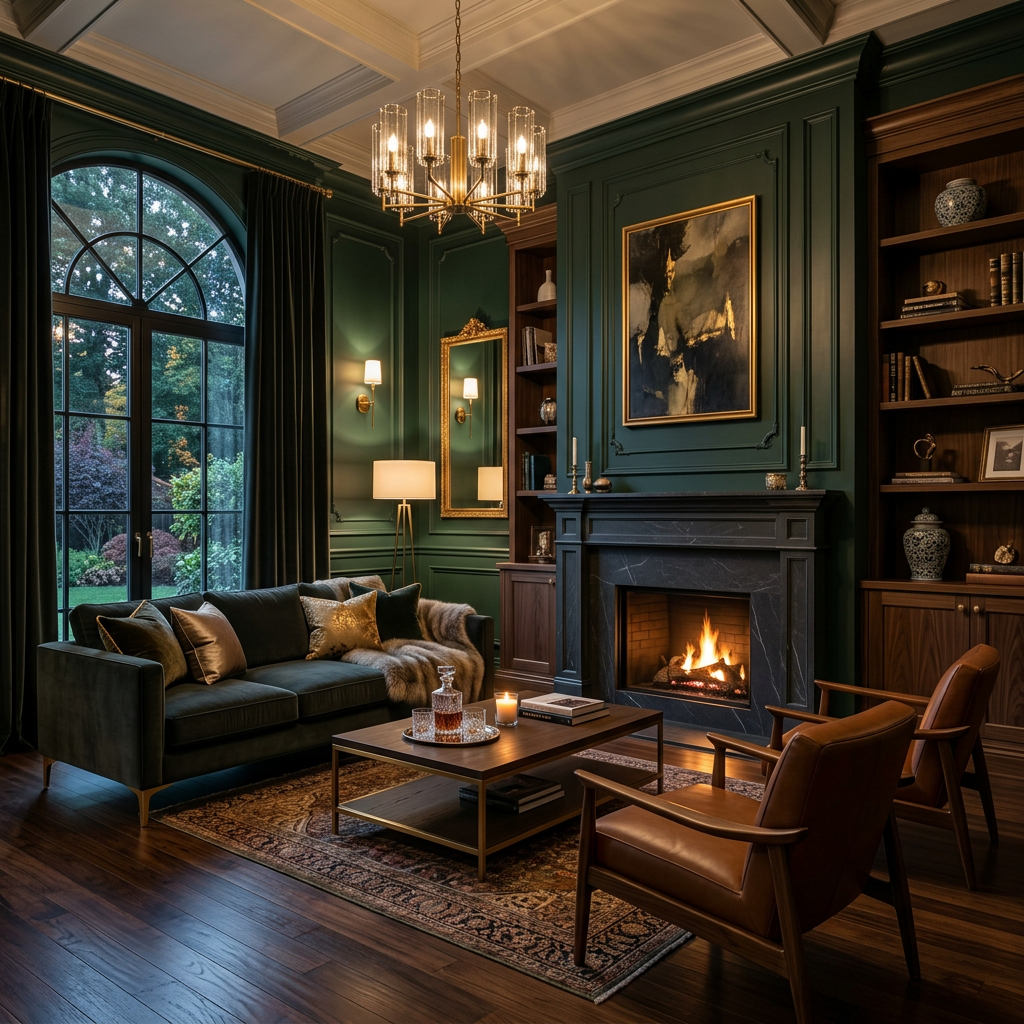 Minimalist living room with deep charcoal matte walls and designer lighting