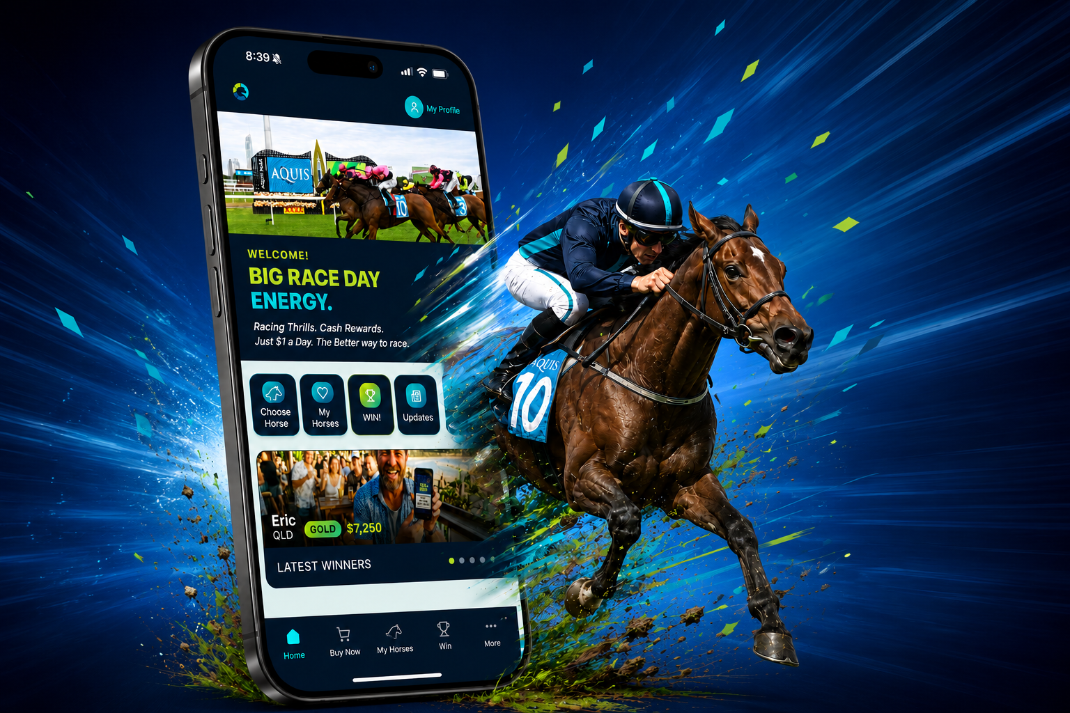 TruShare app in action — racehorse bursting out of the app