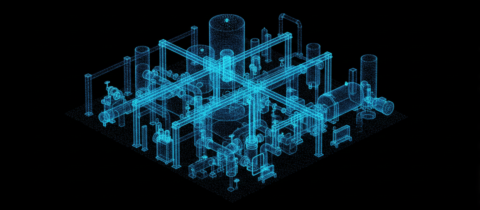 Industrial facility point cloud visualization in cyan against obsidian black