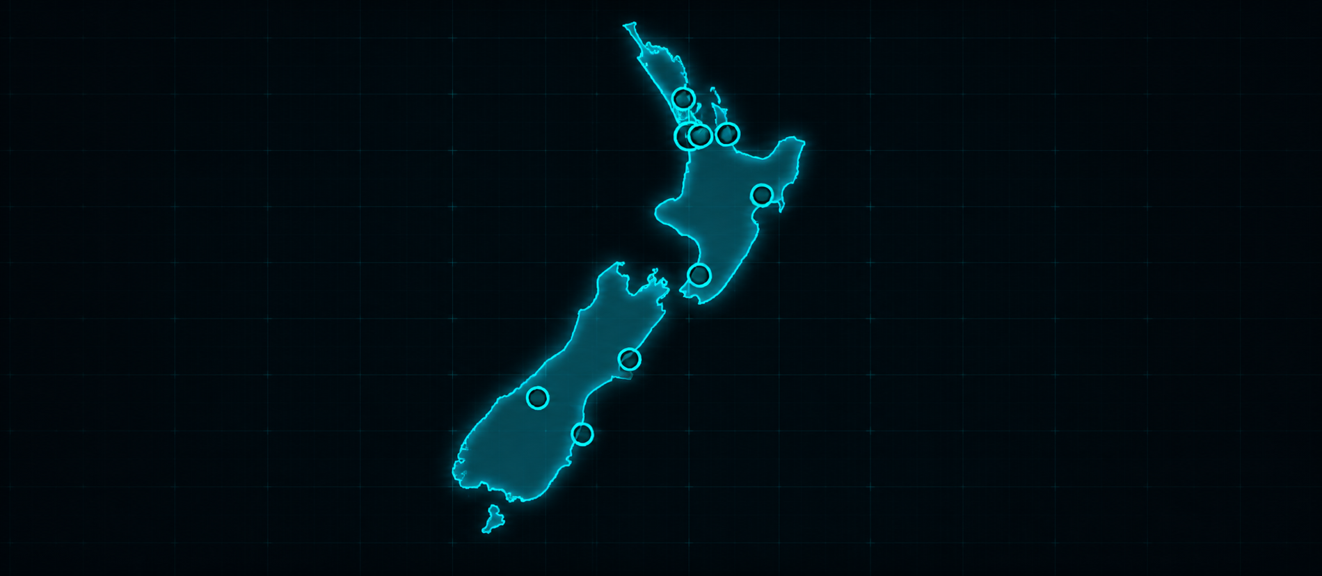 Stylized map of New Zealand showing 3DB service coverage locations
