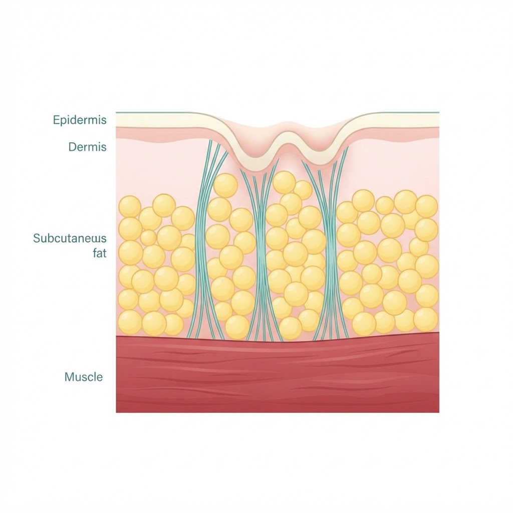 Anatomical cross-section showing the structural cause of cellulite: skin layers, subcutaneous fat, fibrous connective tissue bands pulling downward, and muscle layer