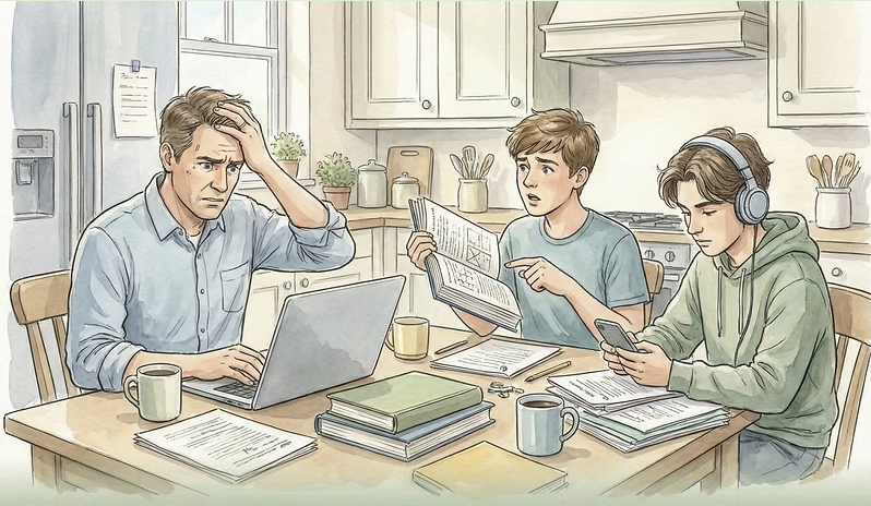 Stressed parent working with children at kitchen table