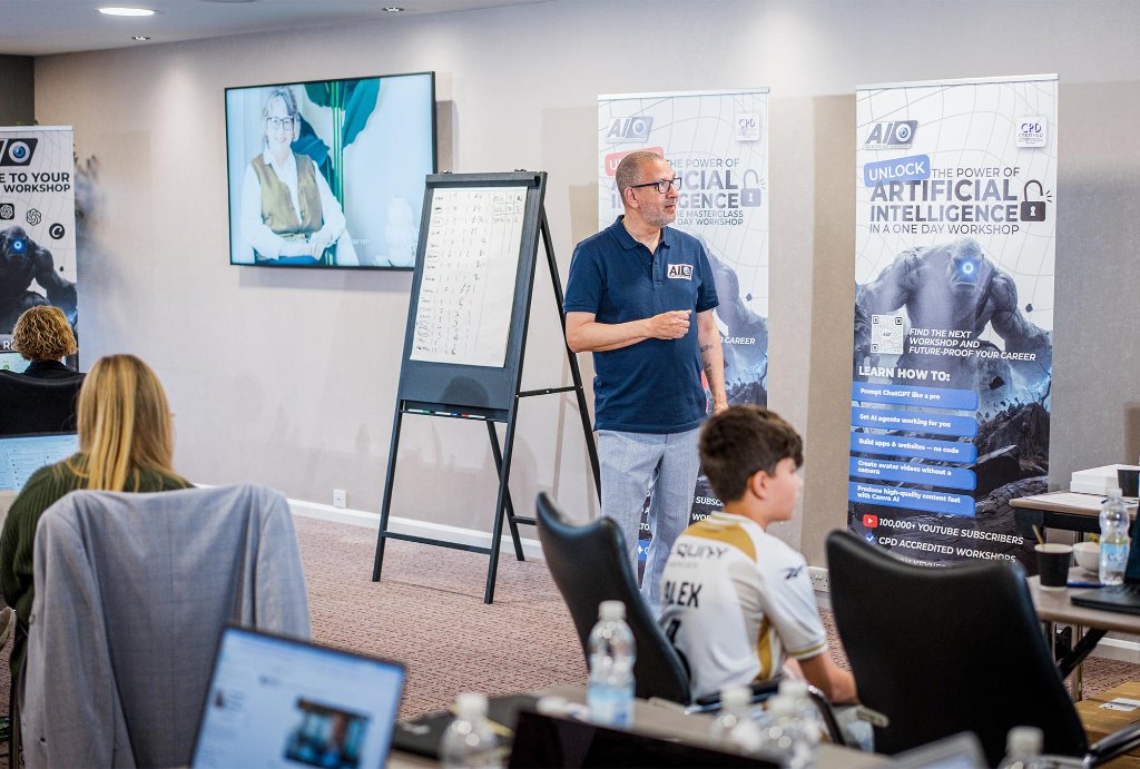 Trainer pointing and presenting to room