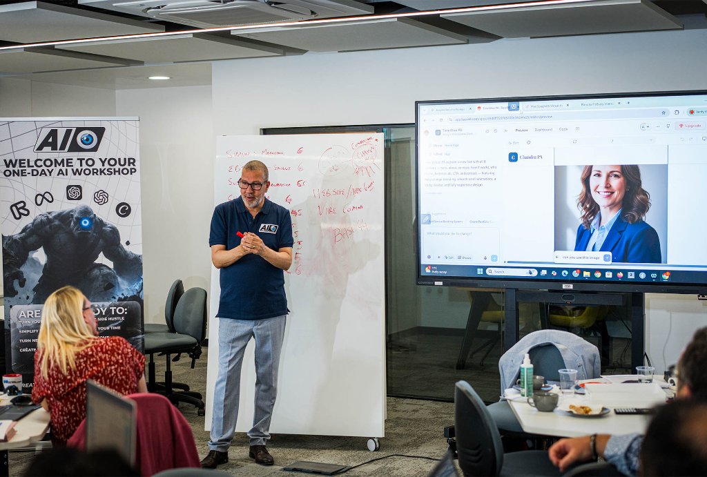 Trainer gesturing at AI tool on screen