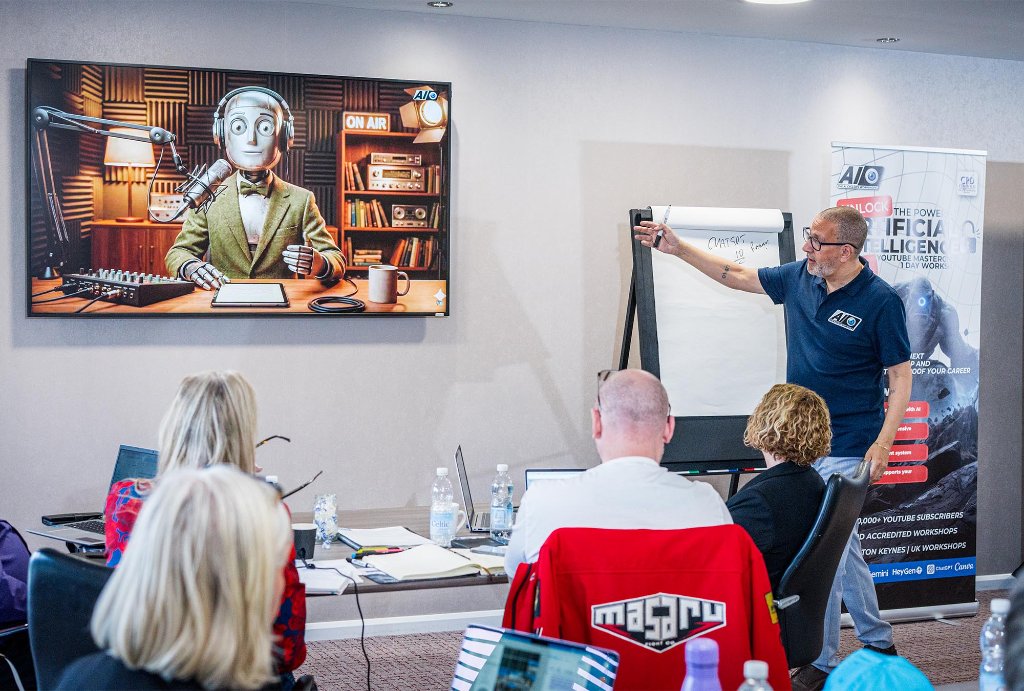 Trainer presenting with robot AI podcast image on screen
