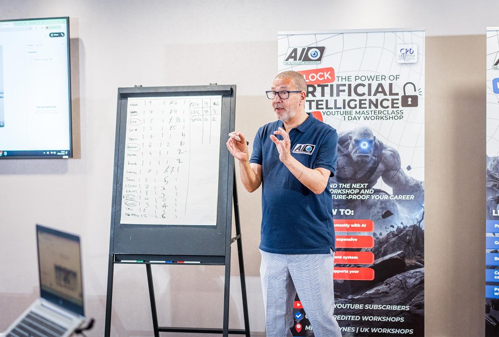 Trainer presenting with AI banners