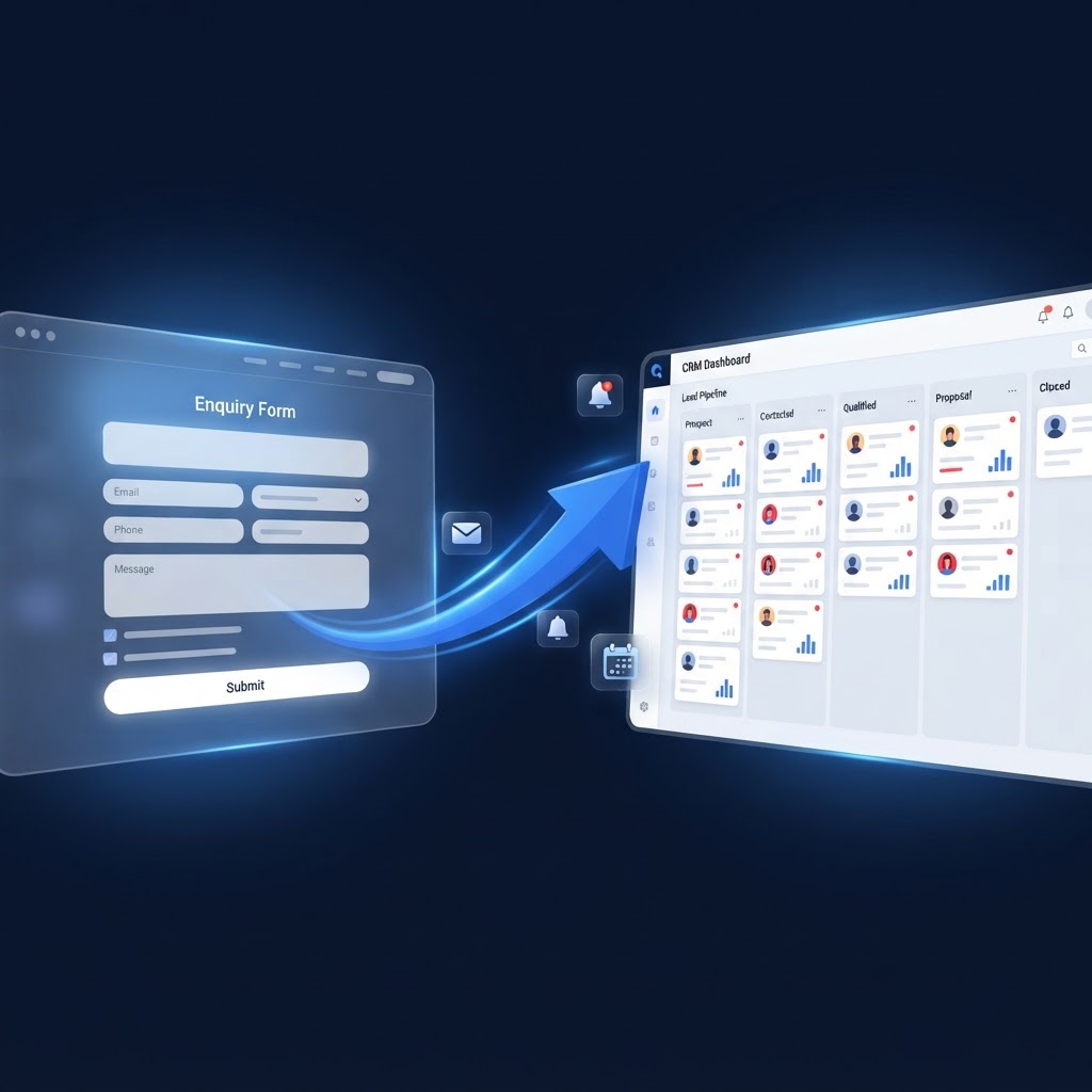 Illustration of website development connected to a customer relationship management system
