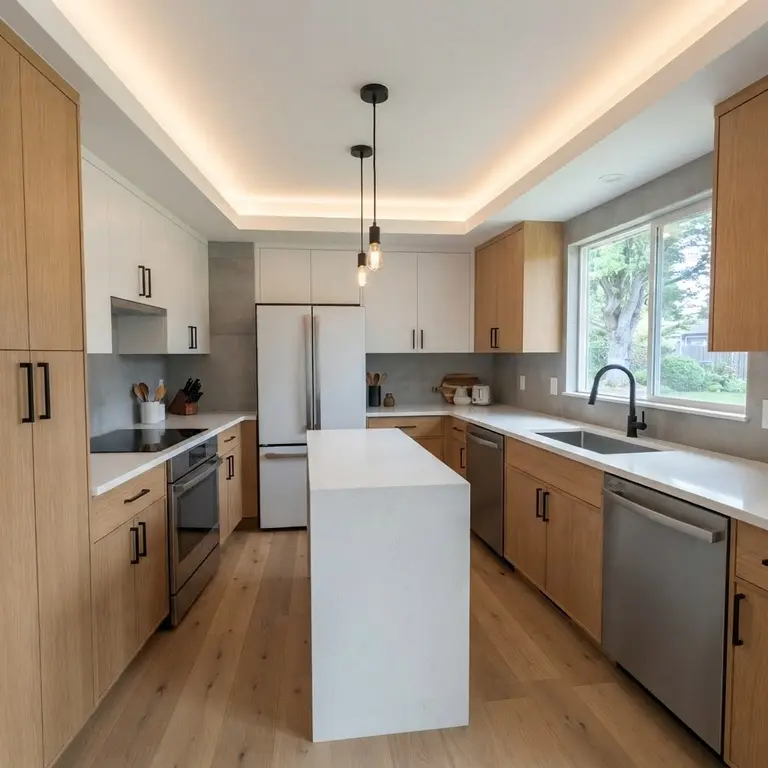The same kitchen rendered with white quartz counters, two-tone cabinetry and wide-plank oak floors