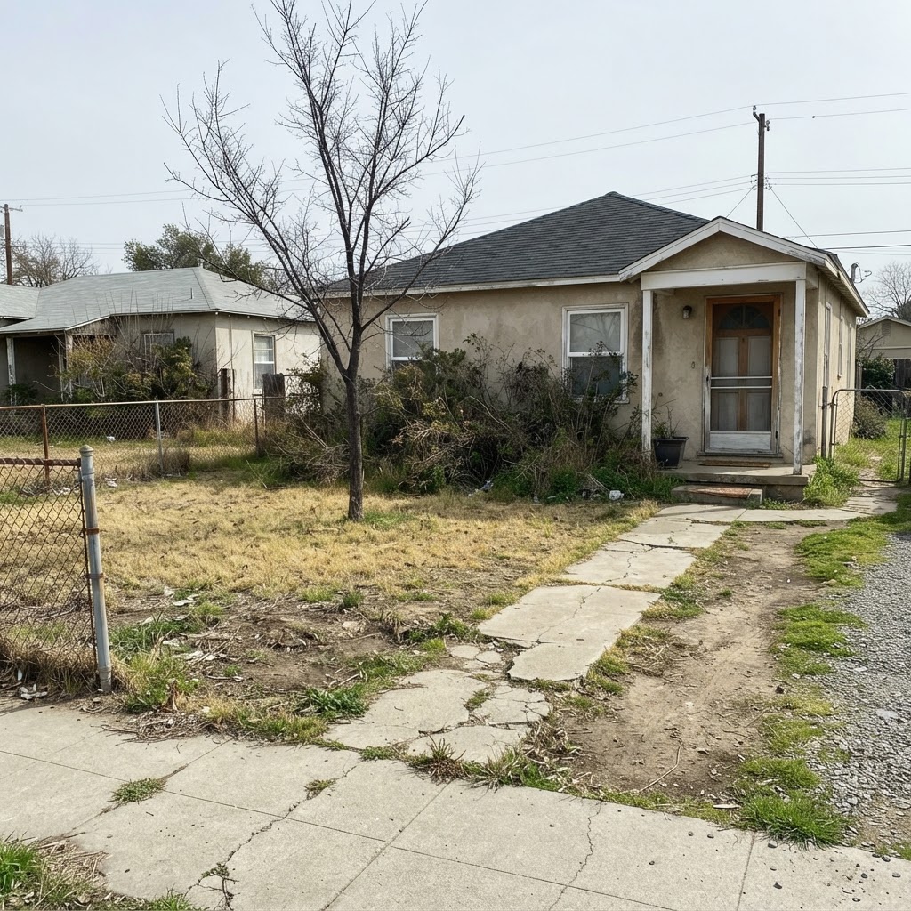 A tired front yard with patchy grass, a cracked walkway and overgrown shrubs