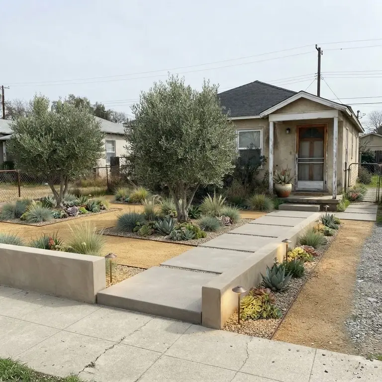 The same yard rendered as a drought-tolerant California landscape with decomposed granite and olive trees
