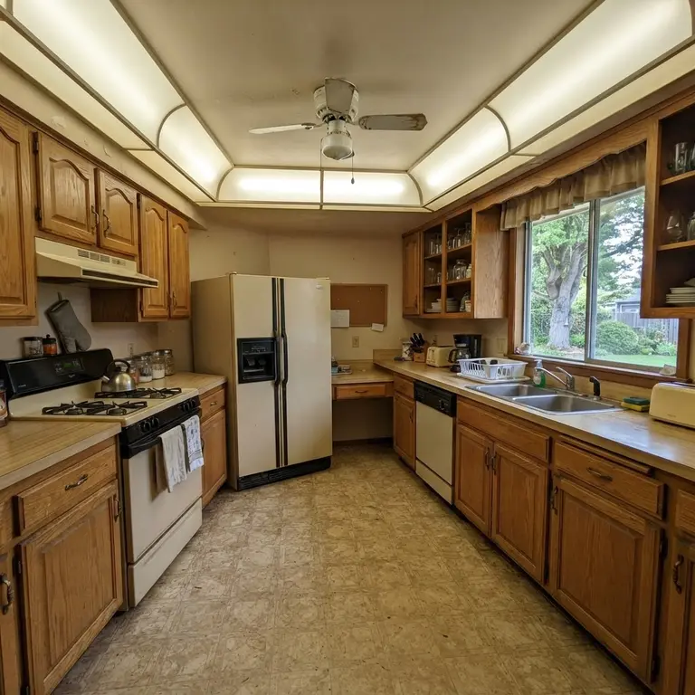An outdated kitchen with honey-oak cabinets, beige laminate counters and a vinyl floor