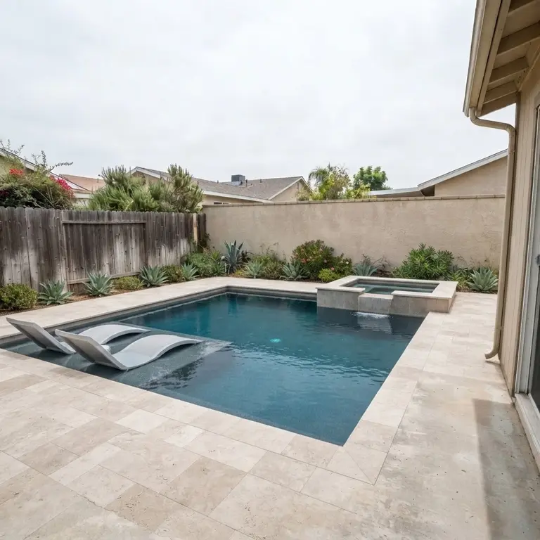 The same backyard rendered with a modern rectangular pool, raised spa and travertine decking