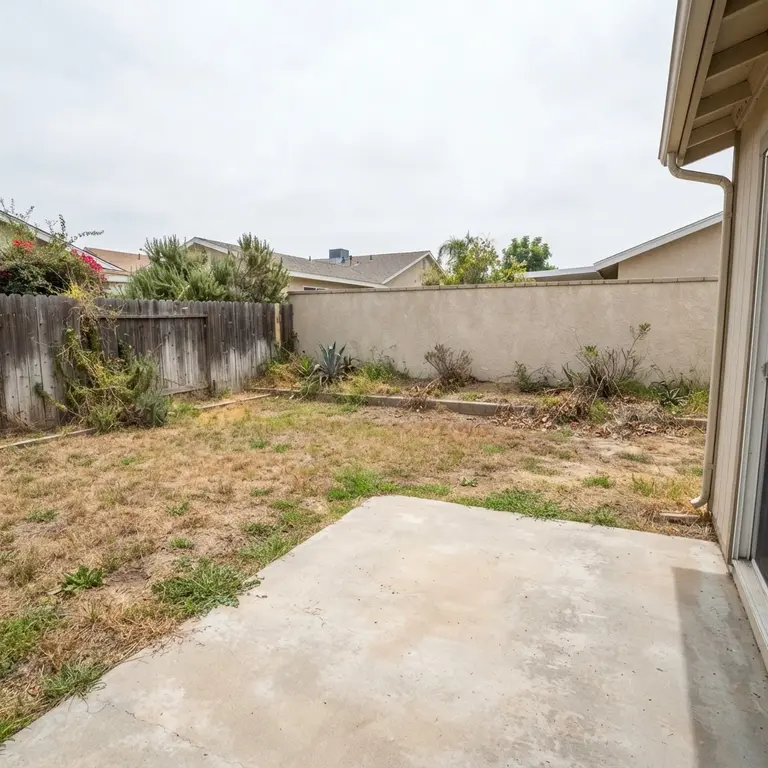 A plain backyard with a dry lawn, bare beds and a stucco block wall