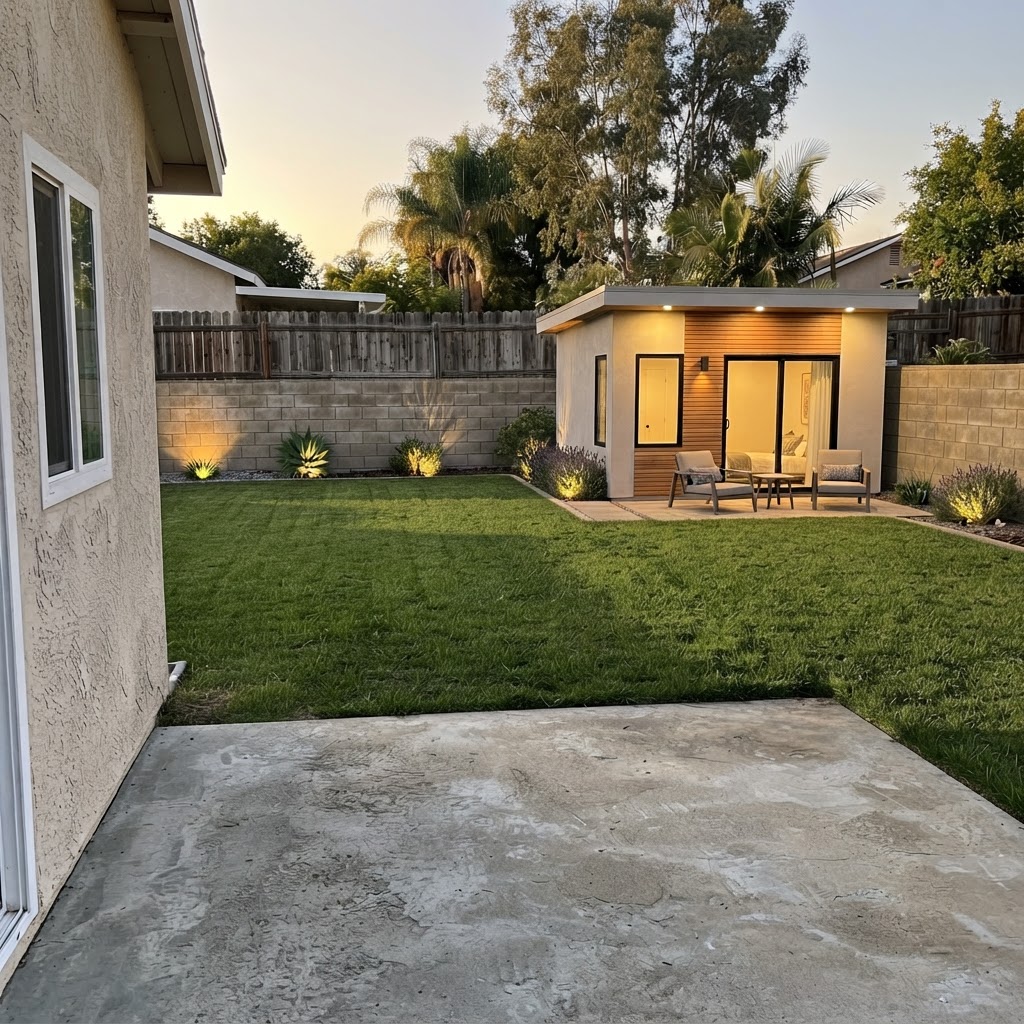 An AI concept of a modern stucco-and-wood backyard ADU at dusk, with glass doors and a lit patio