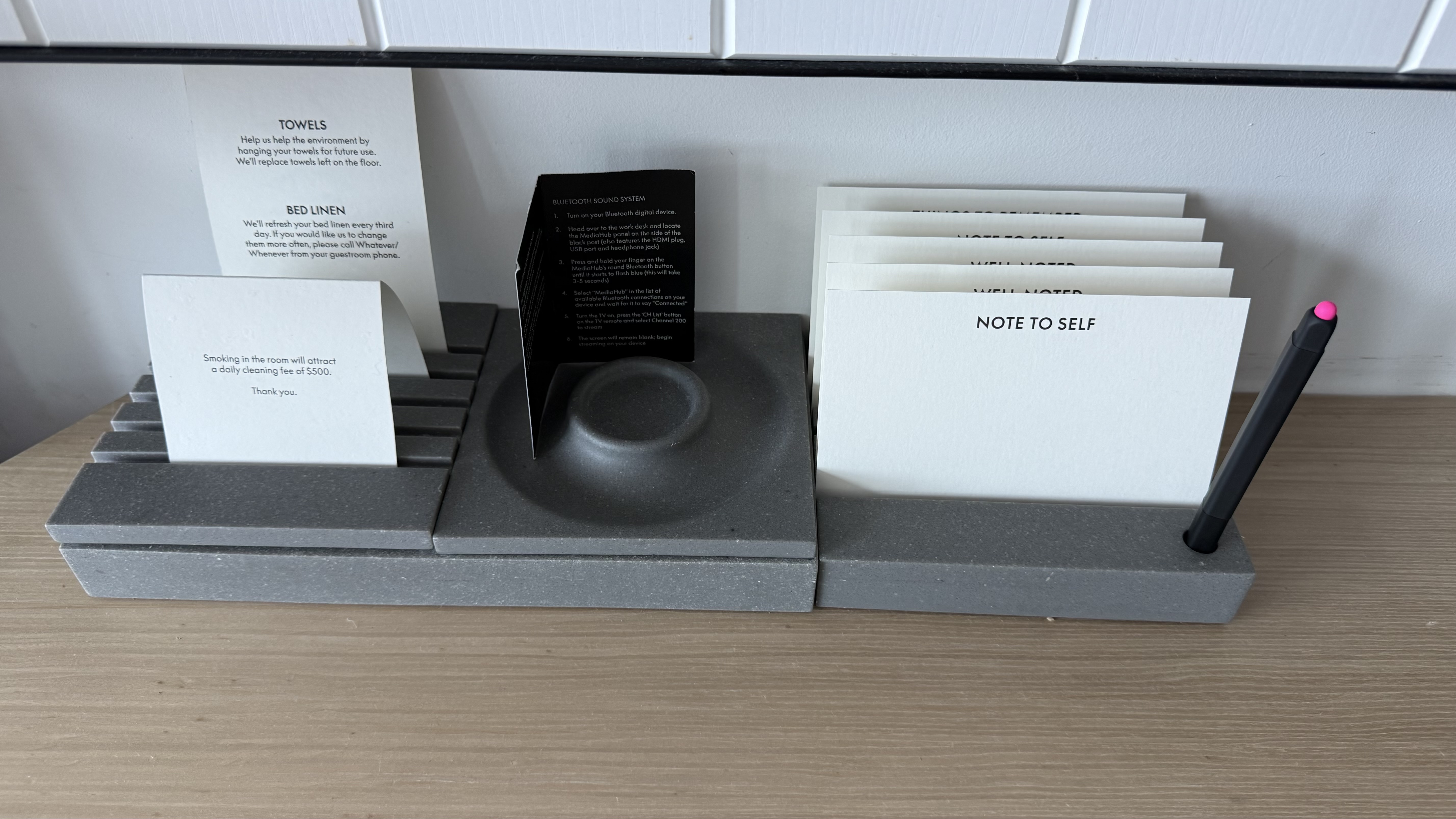 Desk accessories — Bluetooth speaker instructions, "Note to Self" W-branded stationery