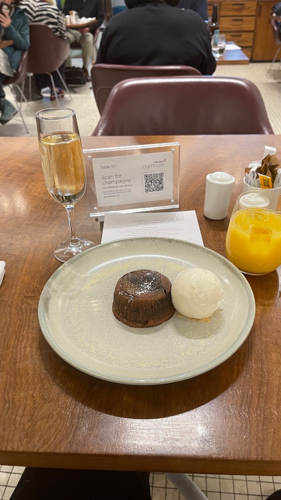 Warm chocolate fondant and vanilla ice cream — restaurant quality, airside