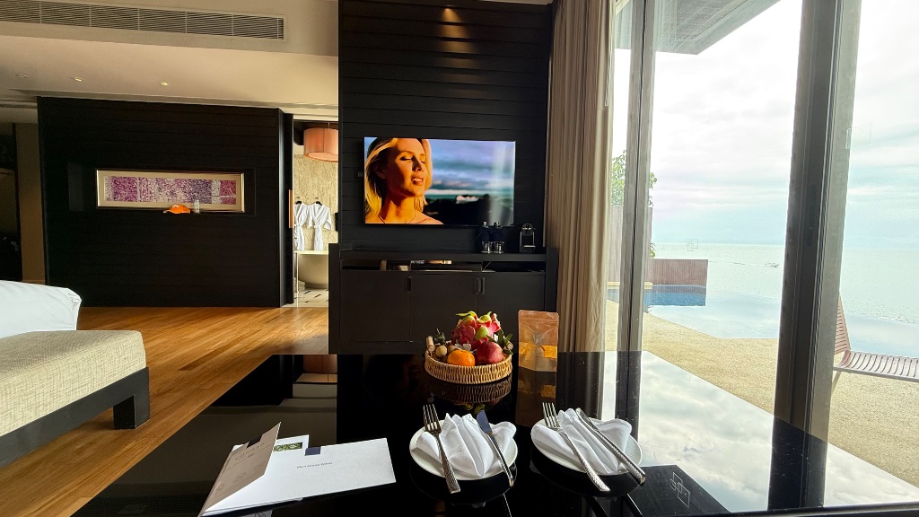 Villa sitting area with our welcome amenities and note