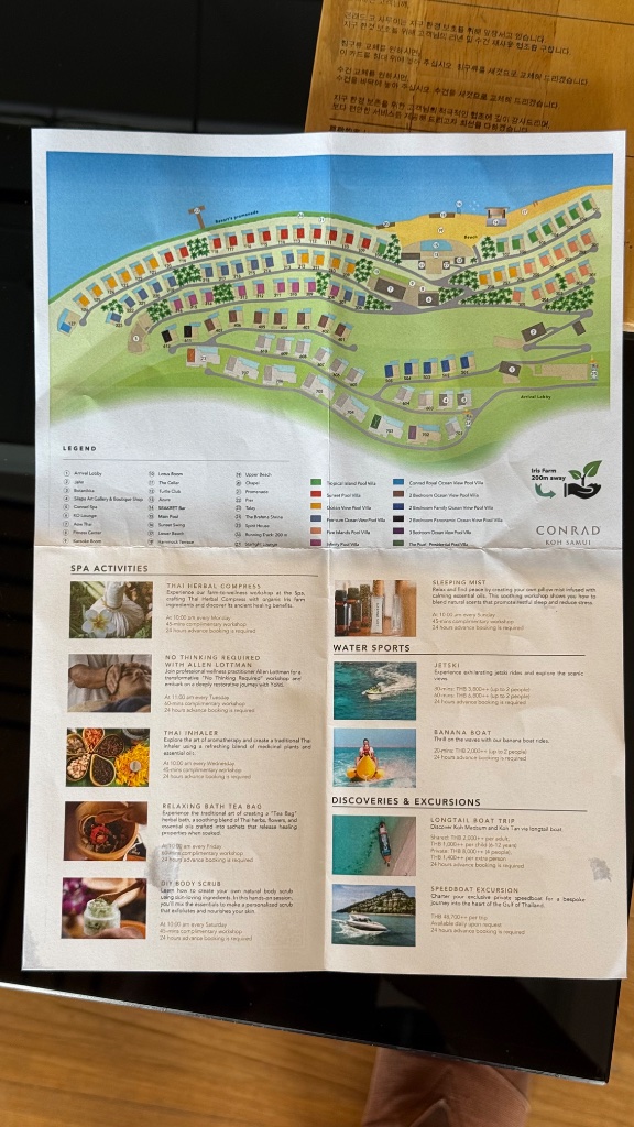 Printed resort map including spa activities, water sports and excursion options